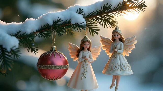 Ornate balls and angel figurines dangle from the branches of a fir tree blanketed in fluffy snow. Sunlight filters through the branches, creating a magical winter atmosphere. High quality FullHD