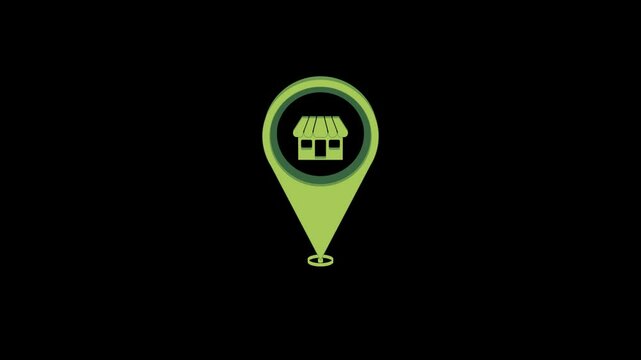 animated location pin or map pin with store or market icon. front view to 45 degrees from top view. animation footage video isolated on alpha channel background(transparent).