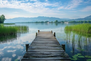 Naklejka premium Serene Lakeside Pier: A weathered wooden pier extends into a tranquil lake, reflecting the serene sky and distant mountains. The calm water, lush reeds.