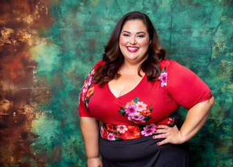 A woman in a red floral top and black skirt poses for a photo