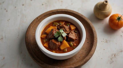 Hearty beef and vegetable stew garnished with cilantro in a bowl on a wooden plate, food photography concept