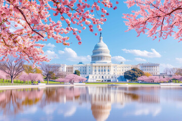 Capitol building surrounded by cherry blossoms reflecting in water during spring
