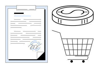 A signed contract, a coin, and a shopping cart. Ideal for finance, shopping, contracts, currency, and business. The image uses a minimalist, modern, vector style with black, white, and blue