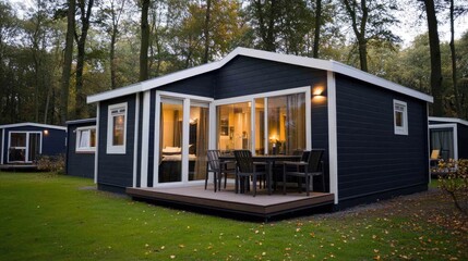 A welcoming black bungalow with a white roof glows warmly from within, surrounded by trees and offering an outdoor dining space on its inviting patio.