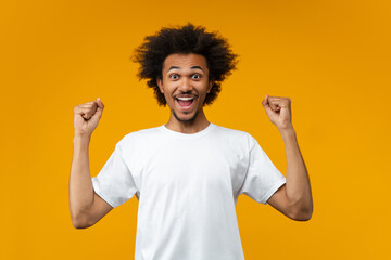 Studio shot of joyful euphoric amazed happy smiling african american young man celebrating making...