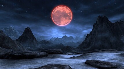 A luminous red eclipse casts an eerie glow over rocky mountains in a dark landscape, enhancing the mysterious and thrilling ambiance of the night sky