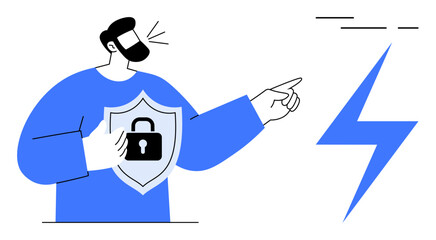 A man holds a shield with a lock symbol, pointing towards a lightning bolt on the right. Ideal for cybersecurity, data protection, internet safety, online privacy, and digital security. Simple flat