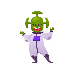 Vector illustration of a friendly alien in spacesuits with lots of eyes and antennas