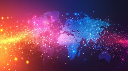 A Vibrant World Map with a Network of Connections and Glowing Lights