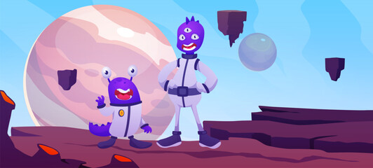 Vector illustration with aliens above the surface of the planet with rocky terrain, levitating platforms