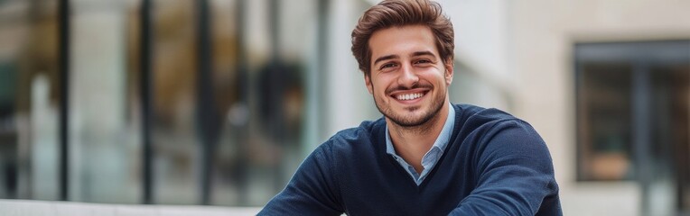 Fototapeta premium Young man enjoying coffee while sitting on a white bench, dressed in business attire, conveys a friendly and professional demeanor. With copy space for text. Wide web banner.