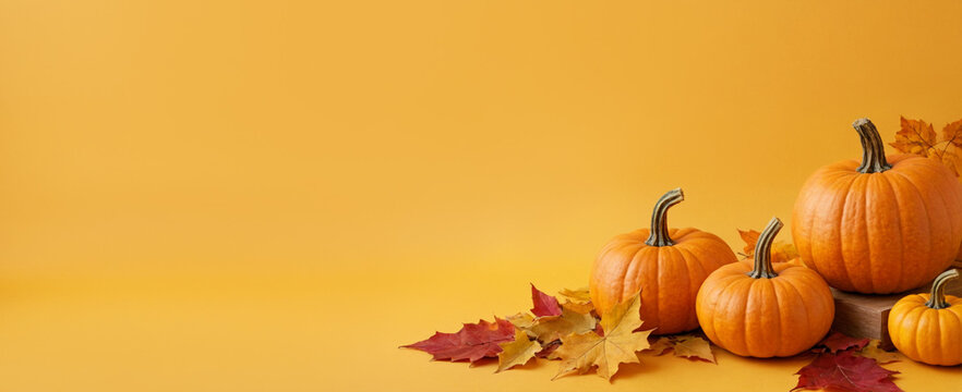 Orange pumpkins and autumn leaves on a flat yellow background. Concept for Thanksgiving, Harvest Festival or Halloween celebrations. Autumn flat lay for banner with copy space for text. 