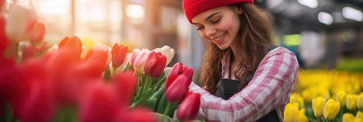 a happy gardener girl working in a greenhouse with red tulips
