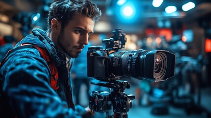 A photographer adjusting the camera on a tripod, focusing on a model in a professional studio