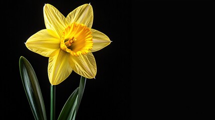 Fototapeta premium Yellow Daffodil in Glass Vase with Long Stems on Black Background