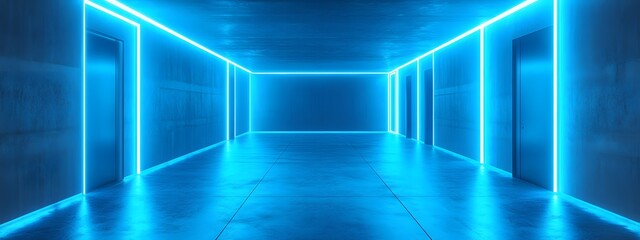 Obraz premium A long corridor with blue neon lights, a minimalist style, a concrete floor and walls, a symmetrical composition