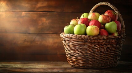  A wicker basket brimming with green and red apples atop a wooden table adjacent to a wooden wall
