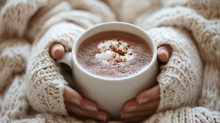 Close-up of hands holding a mug of hot cocoa, wrapped in a cozy blanket.  