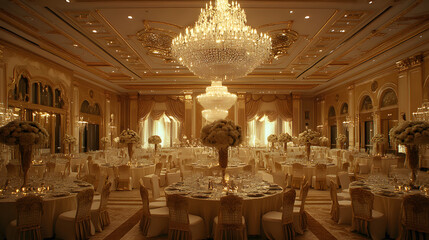 A five-star hotel ballroom set up for a grand gala with crystal chandeliers and gold decor.