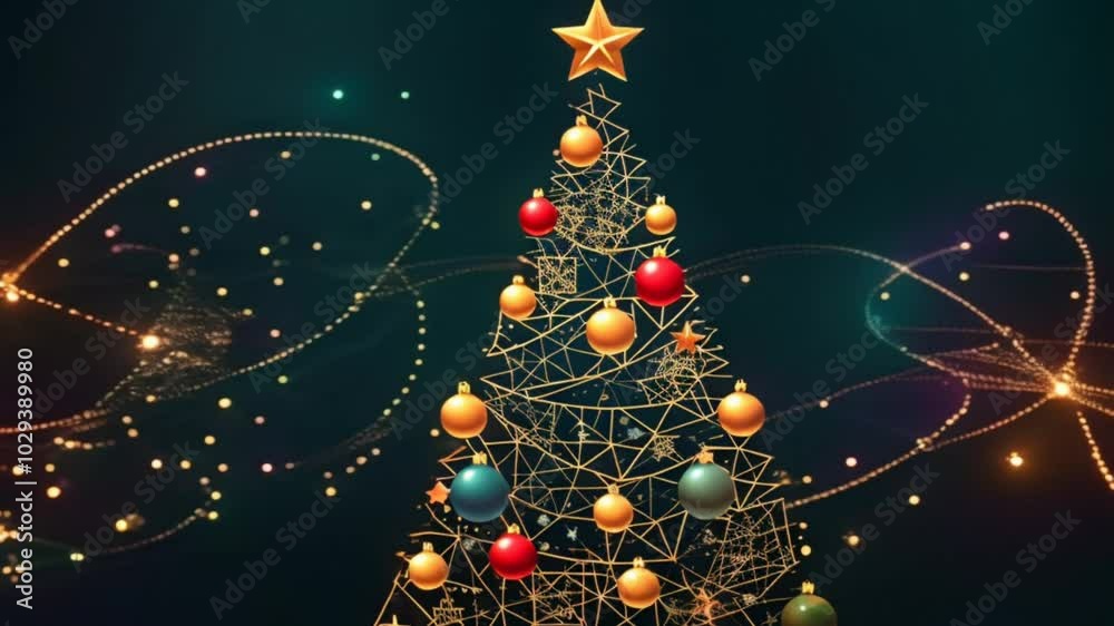 Wall mural Video animated illustration of decorated fir tree with gold star ornaments. Night sky sparkling garland lights. Christmas New Years scene