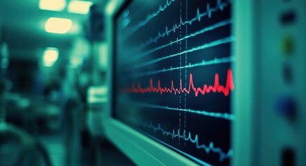 EKG Monitor in Operating Room: Close-up View of Cardiogram Monitoring System