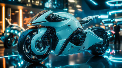 Fototapeta premium A futuristic concept motorcycle displayed in a high-tech showroom with glowing lights accentuating its sleek design.