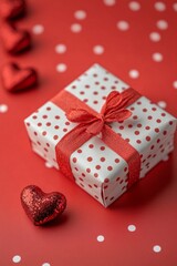Obraz premium Elegant gift box with red ribbon and heart chocolates on festive red background for a romantic celebration