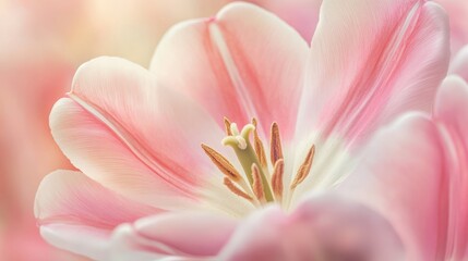 Fototapeta premium Close-up of soft pink tulip petals in sunlight. 