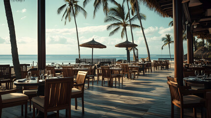 A five-star hotels beachfront restaurant with a view of the horizon and palm trees swaying.