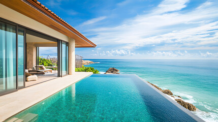 Fototapeta premium A five-star hotels exclusive beachfront villa with a private pool overlooking the ocean.