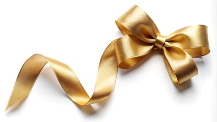 Gold ribbon satin bow curly scroll isolated on white background