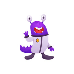 A cute purple monster in a space suit waves his hand in a friendly greeting