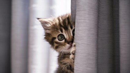 Curious Kitten's Eyes Visible Through Curtain