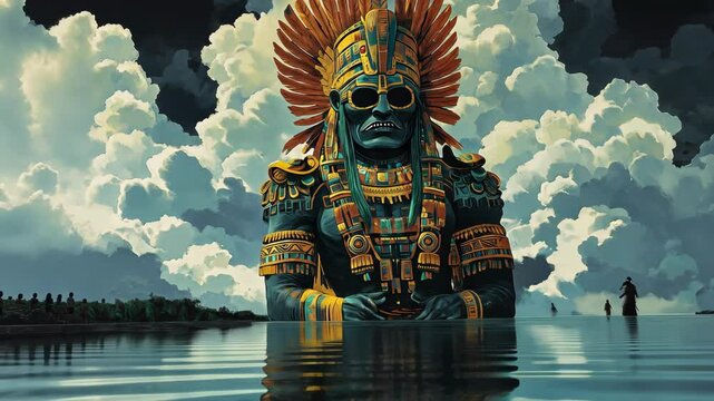 A large, ornate statue of a warrior stands in a body of water, with clouds in the background