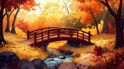 Autumn park scene with a rustic bridge over a stream, colorful fall foliage surrounding it, creating a peaceful and reflective mood.