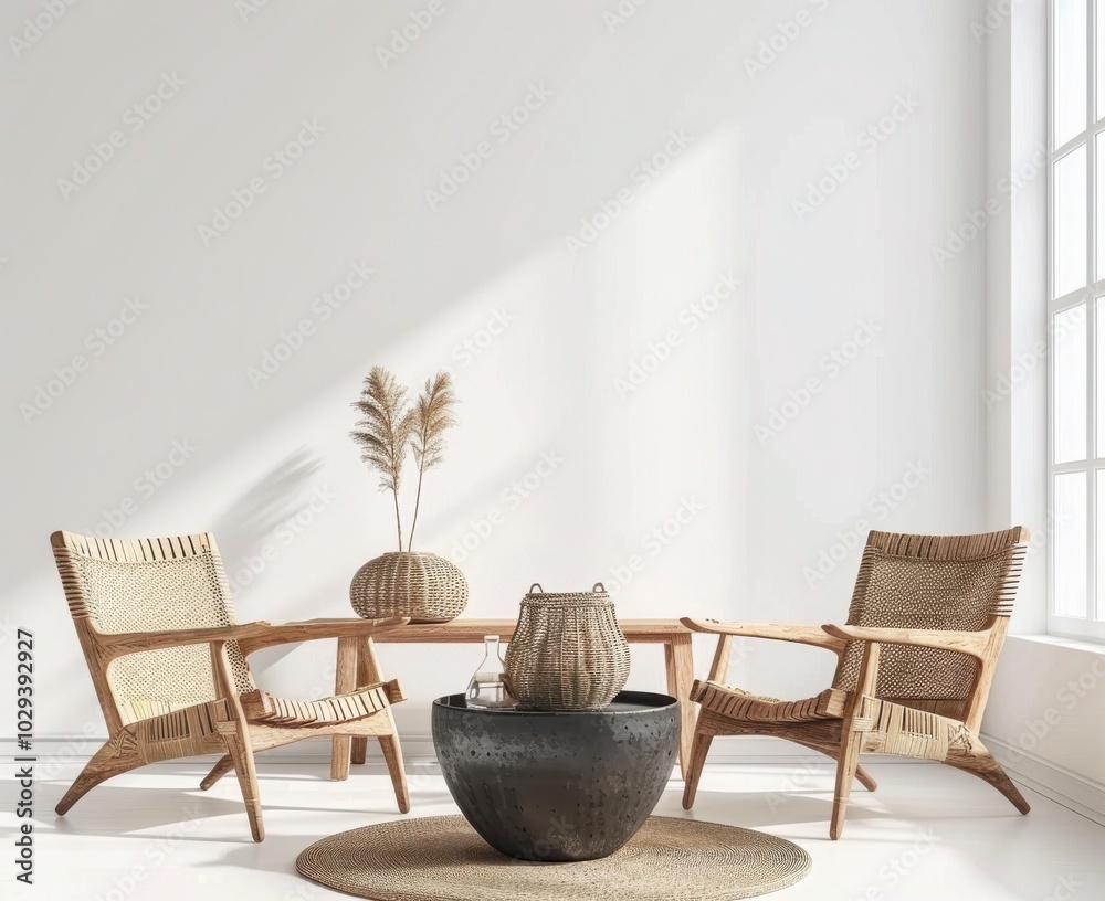 Wall mural minimalist living room interior design with two rattan chairs, a wooden coffee table, a decorative v