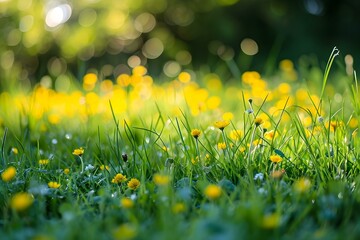 Fototapeta premium Vibrant green meadow with yellow wildflowers in sunlight