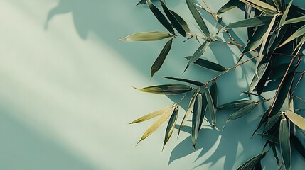   A detailed image of a leafy plant against a soft blue backdrop and featuring a cast shadow on the left It's all about capturing nature's beauty