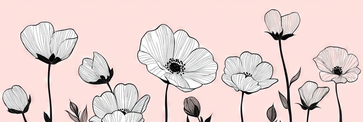 black and white flowers drawn on hot pink background,