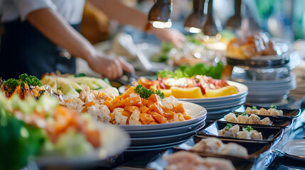 A five-star hotel restaurant buffet with gourmet international cuisine displayed elegantly.