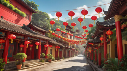 Obraz premium Red lanterns decorating traditional Chinese street with festive atmosphere