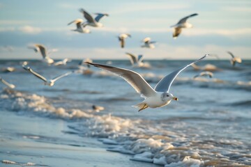 Seagulls flying over ocean waves at sunset
