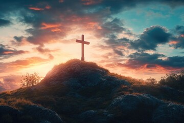 Fototapeta premium Divine Moment. Cross Shining on Mountain Peak at Sunset. Symbol of Faith and Hope