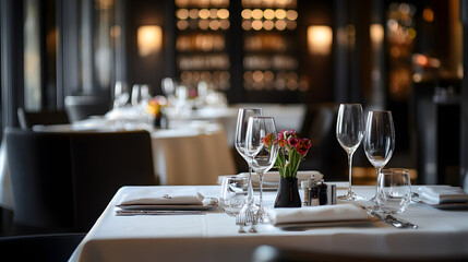 A gourmet dining setup in a five-star hotel restaurant featuring Michelin-starred cuisine.