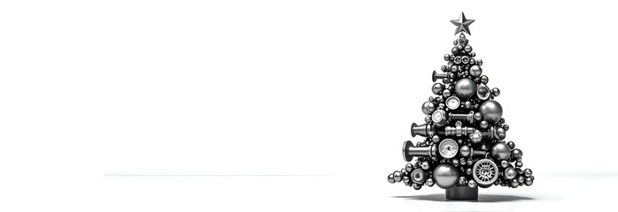 Christmas tree made of car engine parts on a white background, a unique combination of festive and automotive elements.