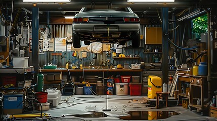 A mechanic performing a routine oil change under a vehicle on a lift, with oil dripping into a pan and tools scattered on the garage floor