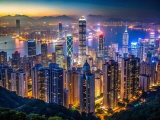 Obraz premium Hong Kong City Skyline at Night - Minimalist Photography of Victoria Peak View