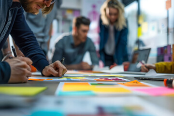 Un team aziendale collabora attivamente durante una riunione in ufficio, discutendo soluzioni strategiche e sviluppando idee innovative per pianificare il futuro