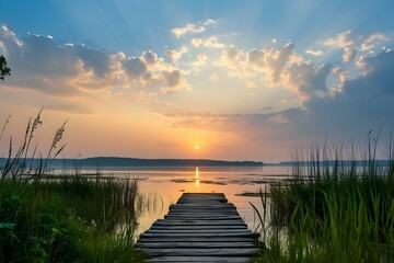 Obraz premium Wooden pier leading to a tranquil lake at sunset