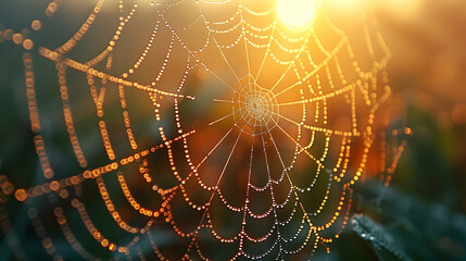 A close-up of raindrops on a spider web glistening in the early morning light